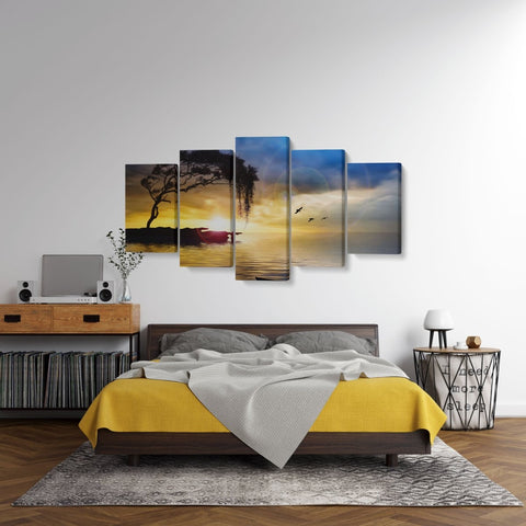 Tablou MultiCanvas 5 piese Tree, Boat and Sea Painting - clevny.ro